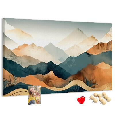 Tablero de corcho decorativo con diseño de paisaje montañoso en tonos apagados
