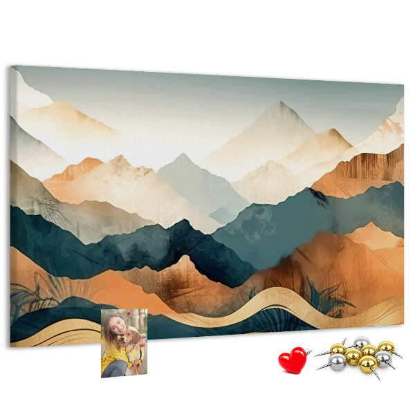 Tablero de corcho decorativo con diseño de paisaje montañoso en tonos apagados