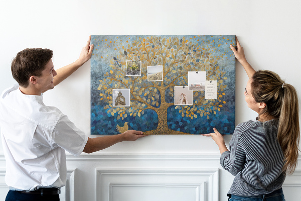 Tablero de anuncios hojas de oro sobre fondo de árbol azul