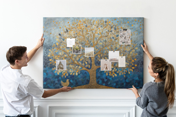 Tablero de anuncios hojas de oro sobre fondo de árbol azul