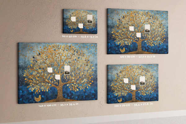 Tablero de anuncios hojas de oro sobre fondo de árbol azul