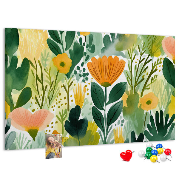 Tablero de corcho decorado con estampado floral de hojas verdes