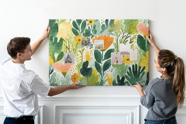 Tablero de corcho decorado con estampado floral de hojas verdes