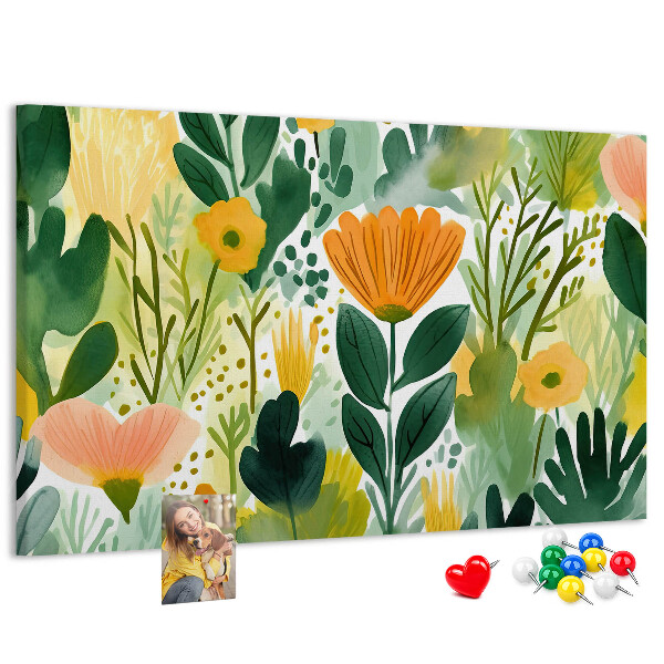 Tablero de corcho decorado con estampado floral de hojas verdes