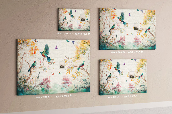 Pizarra de corcho con diseño de pájaros coloridos en un paisaje primaveral