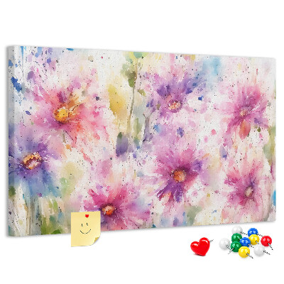 Tablero de corcho decorado con diseño de acuarelas florales en tonos rosados
