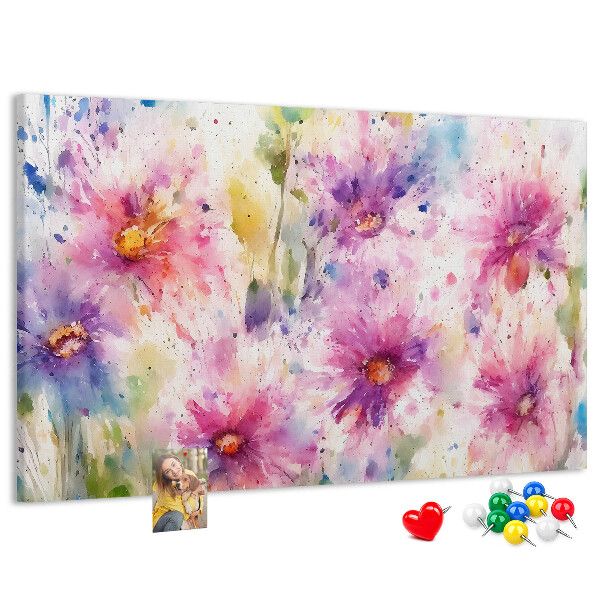 Tablero de corcho decorado con diseño de acuarelas florales en tonos rosados