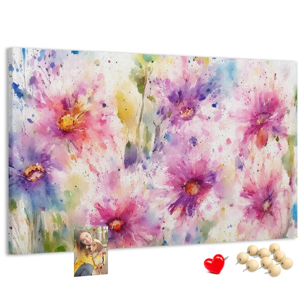 Tablero de corcho decorado con diseño de acuarelas florales en tonos rosados