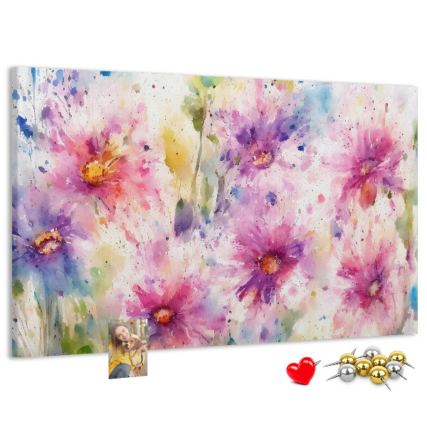 Tablero de corcho decorado con diseño de acuarelas florales en tonos rosados