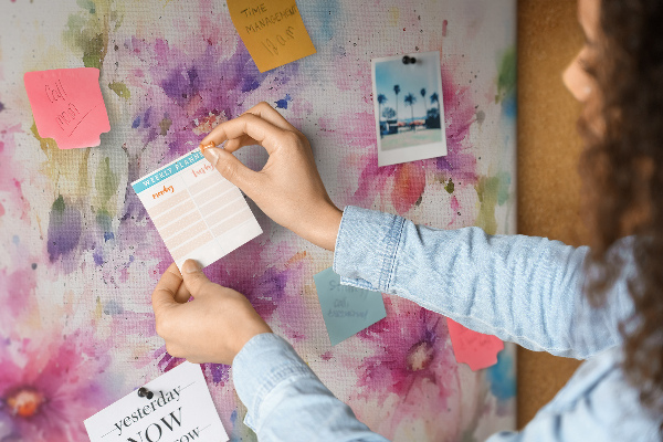 Tablero de corcho decorado con diseño de acuarelas florales en tonos rosados