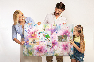 Tablero de corcho decorado con diseño de acuarelas florales en tonos rosados