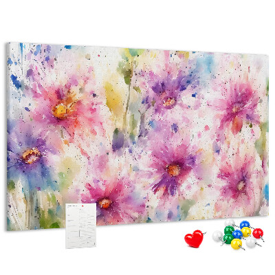 Tablero de corcho decorado con diseño de acuarelas florales en tonos rosados