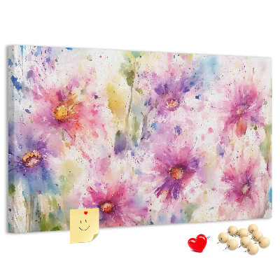 Tablero de corcho decorado con diseño de acuarelas florales en tonos rosados