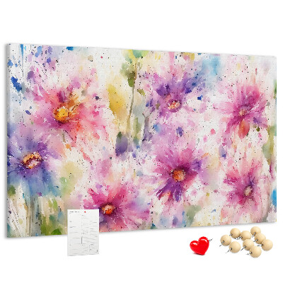 Tablero de corcho decorado con diseño de acuarelas florales en tonos rosados