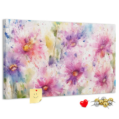 Tablero de corcho decorado con diseño de acuarelas florales en tonos rosados