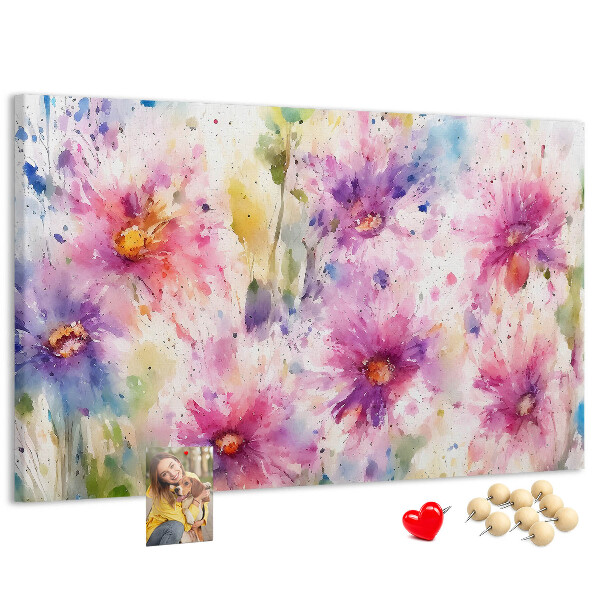 Tablero de corcho decorado con diseño de acuarelas florales en tonos rosados