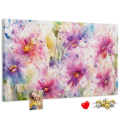 Tablero de corcho decorado con diseño de acuarelas florales en tonos rosados