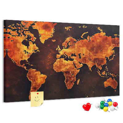 Tablero de anuncios Un mapa dorado del mundo sobre un fondo marrón.
