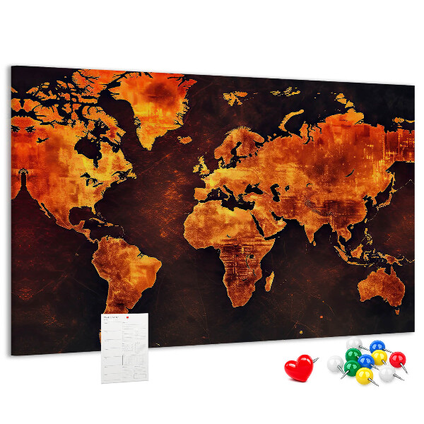 Tablero de anuncios mapa del mundo dorado sobre fondo marrón