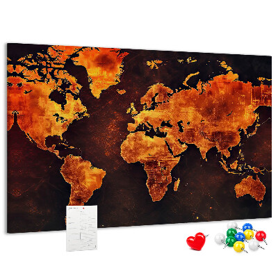 Tablero de anuncios mapa del mundo dorado sobre fondo marrón