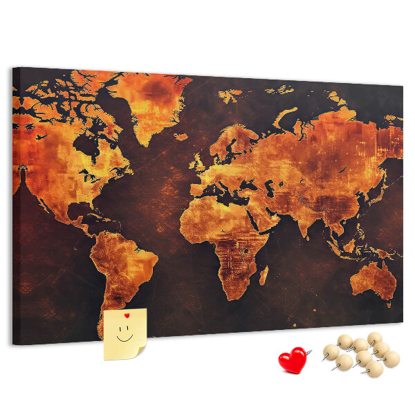 Tablero de anuncios mapa del mundo dorado sobre fondo marrón