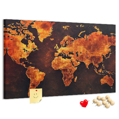 Tablero de anuncios mapa del mundo dorado sobre fondo marrón