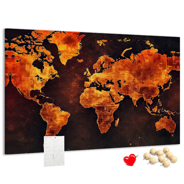 Tablero de anuncios mapa del mundo dorado sobre fondo marrón