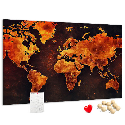 Tablero de anuncios mapa del mundo dorado sobre fondo marrón