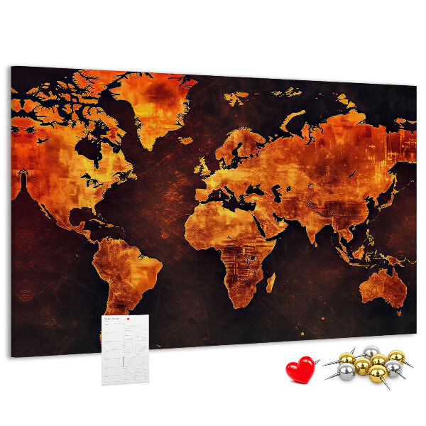 Tablero de anuncios mapa del mundo dorado sobre fondo marrón