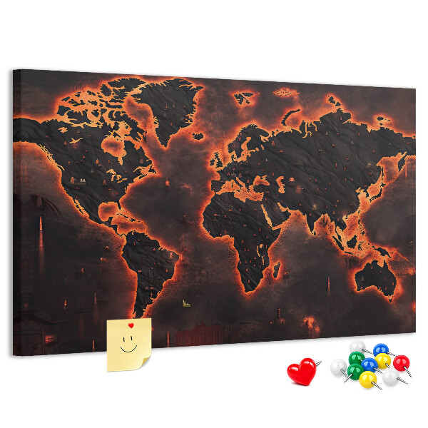 Pizarra de corcho con diseño de mapa del mundo en tonos oscuros