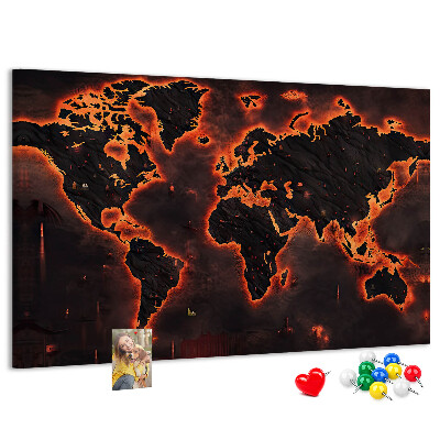 Pizarra de corcho con diseño de mapa del mundo en tonos oscuros
