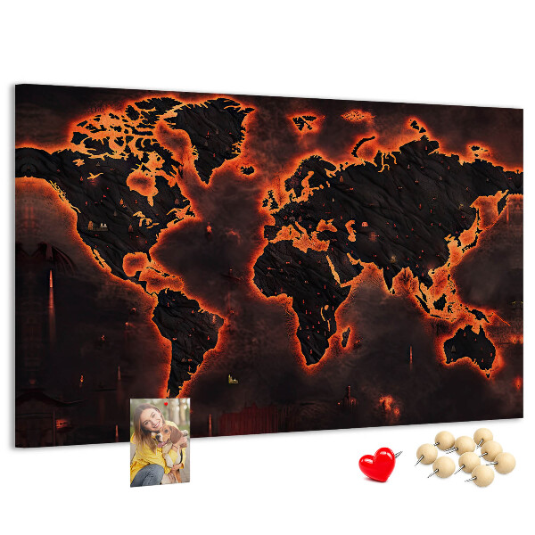 Pizarra de corcho con diseño de mapa del mundo en tonos oscuros