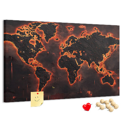 Pizarra de corcho con diseño de mapa del mundo en tonos oscuros
