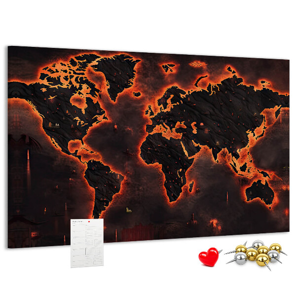 Pizarra de corcho con diseño de mapa del mundo en tonos oscuros