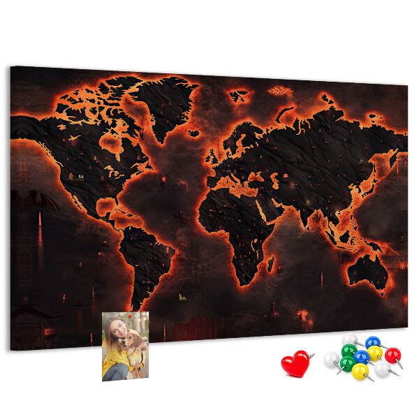 Pizarra de corcho con diseño de mapa del mundo en tonos oscuros