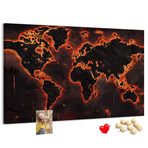 Pizarra de corcho con diseño de mapa del mundo en tonos oscuros