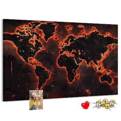 Pizarra de corcho con diseño de mapa del mundo en tonos oscuros