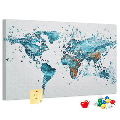 Tablero de corcho decorado Mapa del mundo en acuarela.