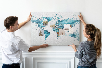 Tablero de corcho decorado diseño de mapa del mundo en acuarela