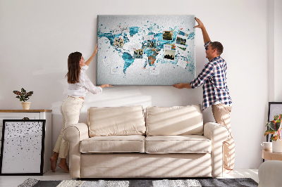 Tablero de corcho decorado diseño de mapa del mundo en acuarela