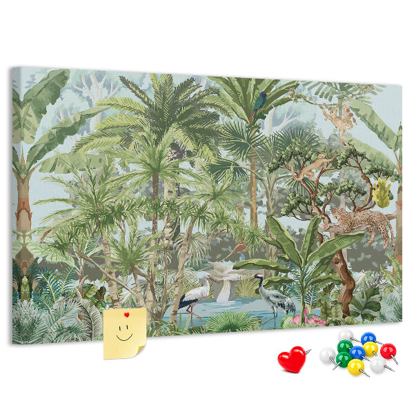 Pizarra de corcho con diseño de bosque tropical con animales salvajes y aves