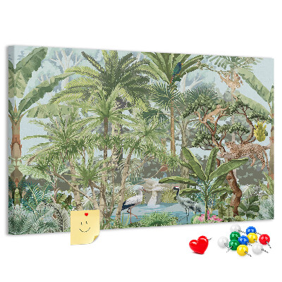 Pizarra de corcho con diseño de bosque tropical con animales salvajes y aves