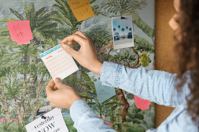 Pizarra de corcho con diseño de bosque tropical con animales salvajes y aves