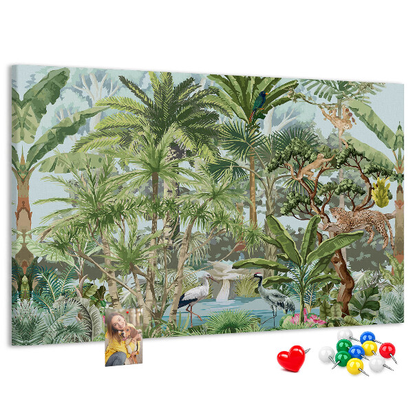 Pizarra de corcho con diseño de bosque tropical con animales salvajes y aves