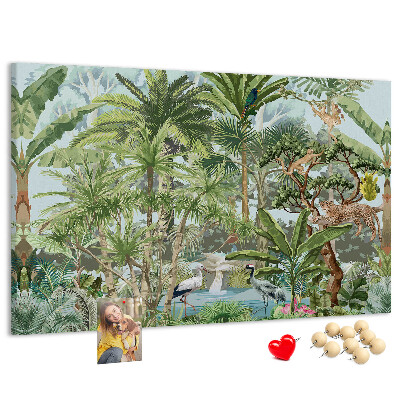 Pizarra de corcho con diseño de bosque tropical con animales salvajes y aves