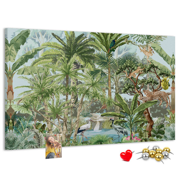 Pizarra de corcho con diseño de bosque tropical con animales salvajes y aves