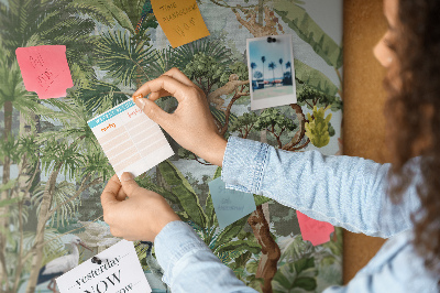 Pizarra de corcho con diseño de bosque tropical con animales salvajes y aves