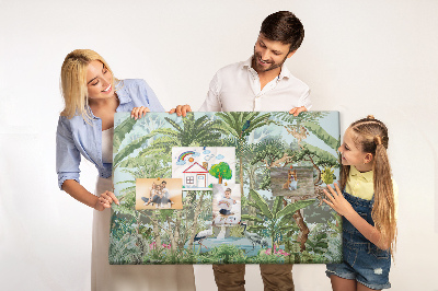 Pizarra de corcho con diseño de bosque tropical con animales salvajes y aves