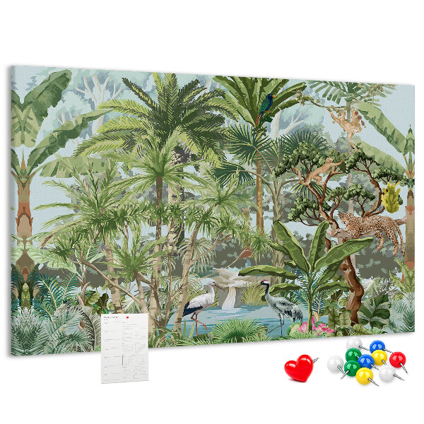 Pizarra de corcho con diseño de bosque tropical con animales salvajes y aves