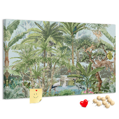 Pizarra de corcho con diseño de bosque tropical con animales salvajes y aves
